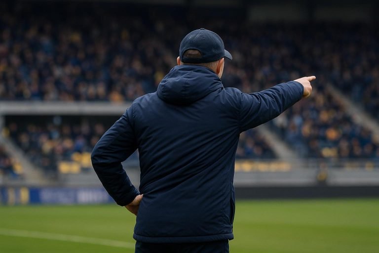 Wouter Vrancken langs de zijlijn bij STVV tijdens een wedstrijd in de Jupiler Pro League