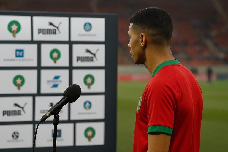Walid Regragui in een persmoment rond de nationale ploeg van Marokko