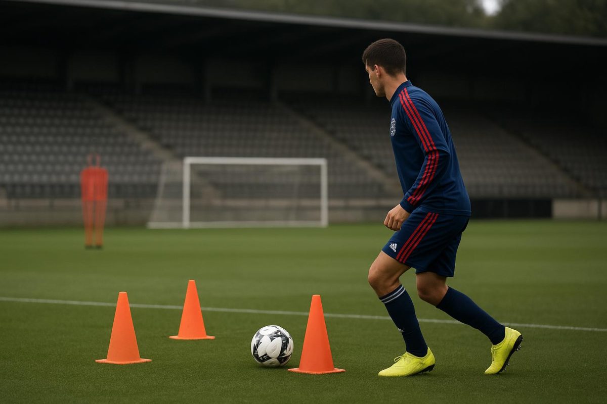 Ajax-speler in trainingsoutfit op een trainingsveld in Amsterdam
