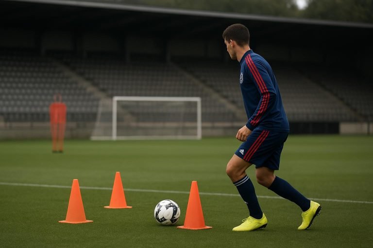 Ajax-speler in trainingsoutfit op een trainingsveld in Amsterdam