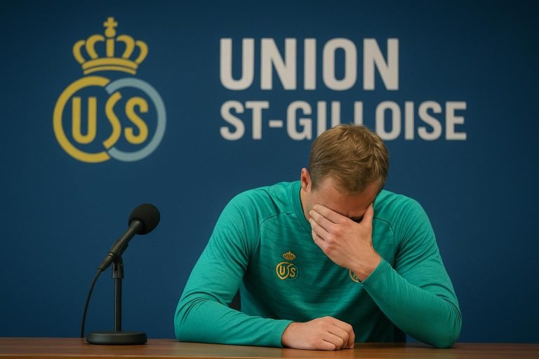 David Hubert van Union SG tijdens een persmoment over de blessure van Kjell Scherpen