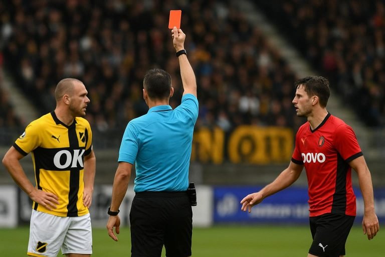 Wedstrijdmoment bij NAC Breda tegen Excelsior na een rode kaart, met spelers in duel.