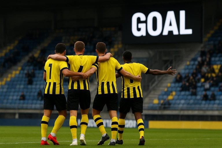 STVV-spelers vieren een doelpunt tijdens Westerlo-STVV in ’t Kuipje