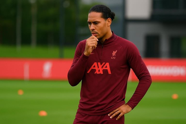 Virgil van Dijk op het trainingscomplex van Liverpool in een rustige setting