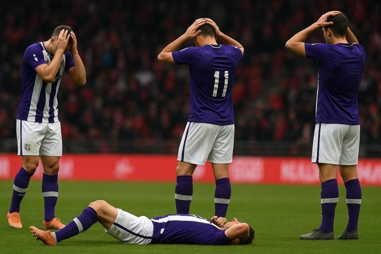 Een teleurgestelde speler van RSC Anderlecht op het veld na de wedstrijd tegen Standard in Sclessin.