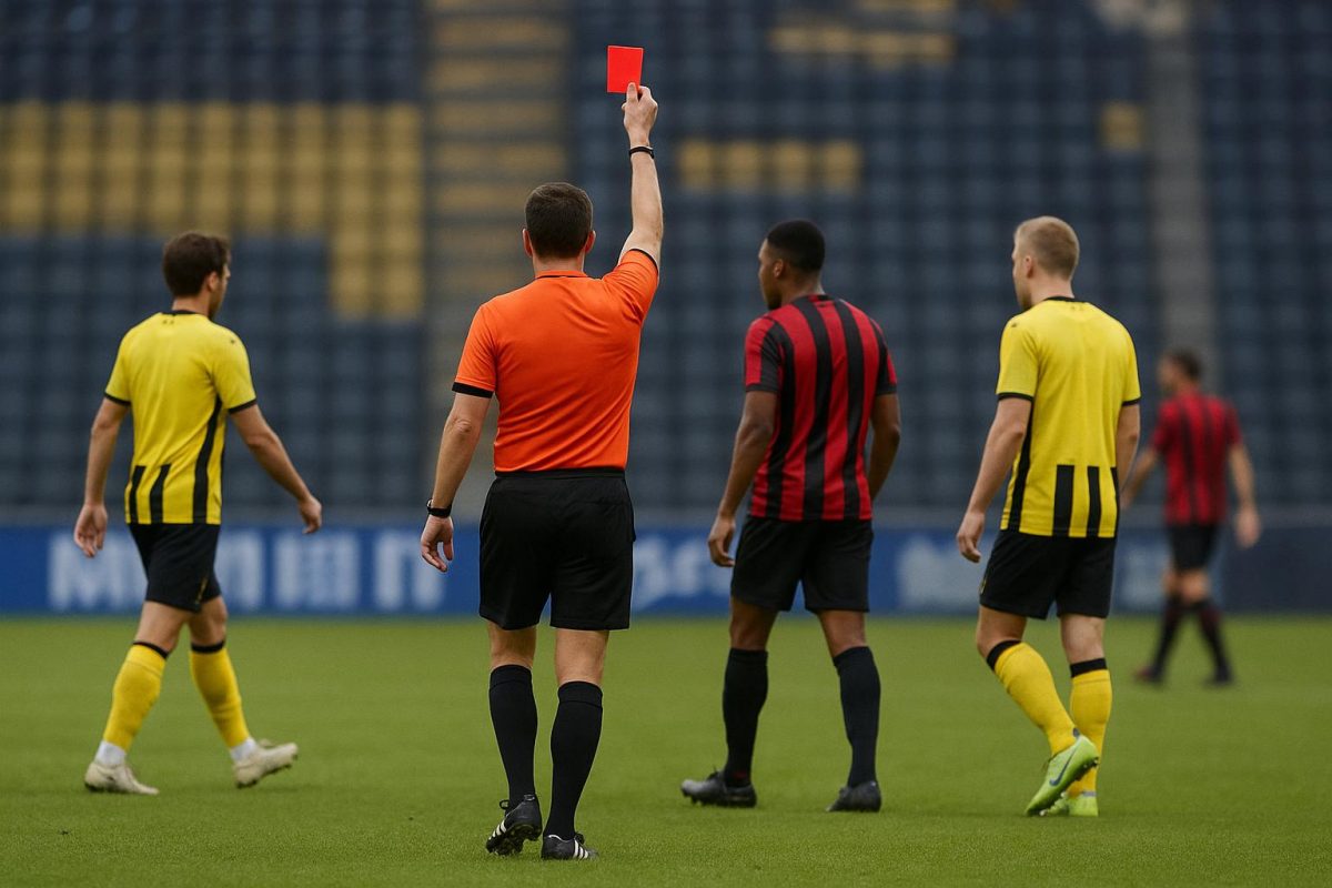 Spelmoment in NAC Breda tegen Excelsior Rotterdam met de scheidsrechter in beeld na een rode kaart, gezien vanop afstand.