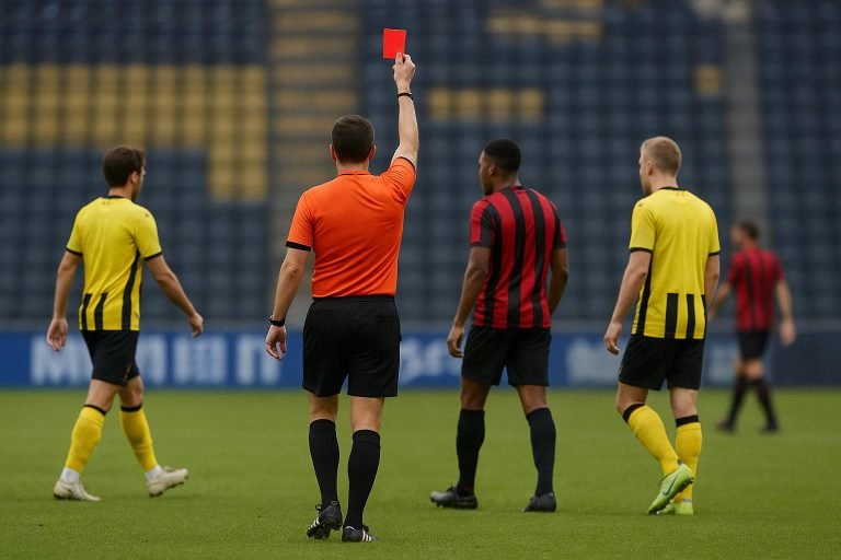 Spelmoment in NAC Breda tegen Excelsior Rotterdam met de scheidsrechter in beeld na een rode kaart, gezien vanop afstand.