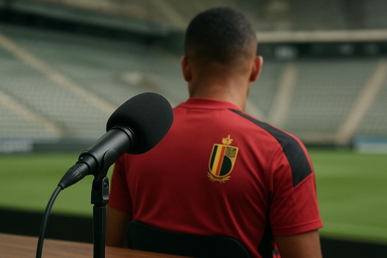 Opnamesfeer in een podcaststudio met microfoon en een speler in de achtergrond onscherp