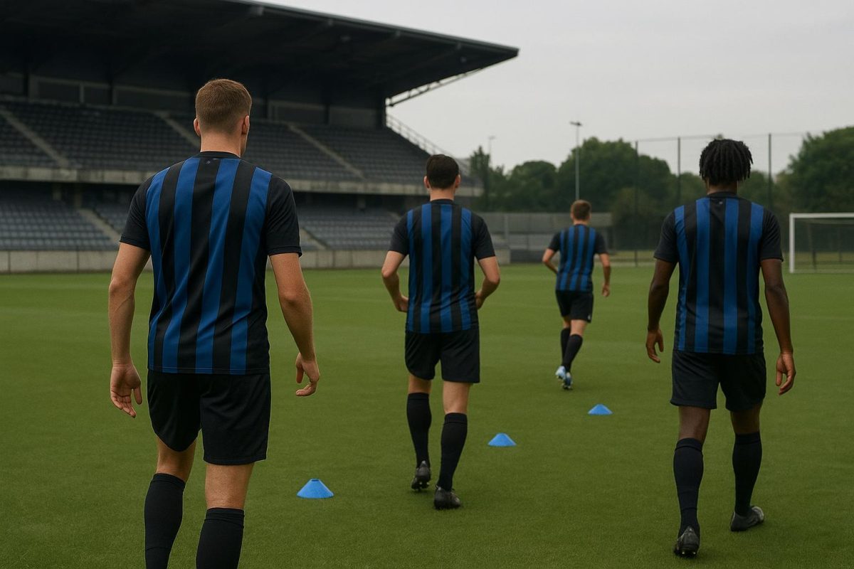 Sfeerbeeld van Club Brugge op training in het Basecamp, met focus op het middenveld