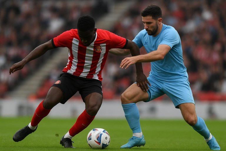 Noah Sadiki van Sunderland in duel op het middenveld tijdens een Premier League-wedstrijd.