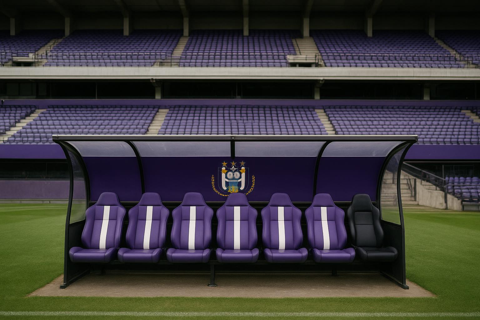 Stadionbeeld van RSC Anderlecht met focus op de trainerszone zonder herkenbare gezichten