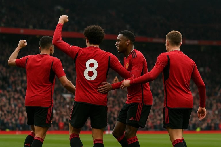 Manchester United viert een doelpunt tegen Tottenham op Old Trafford