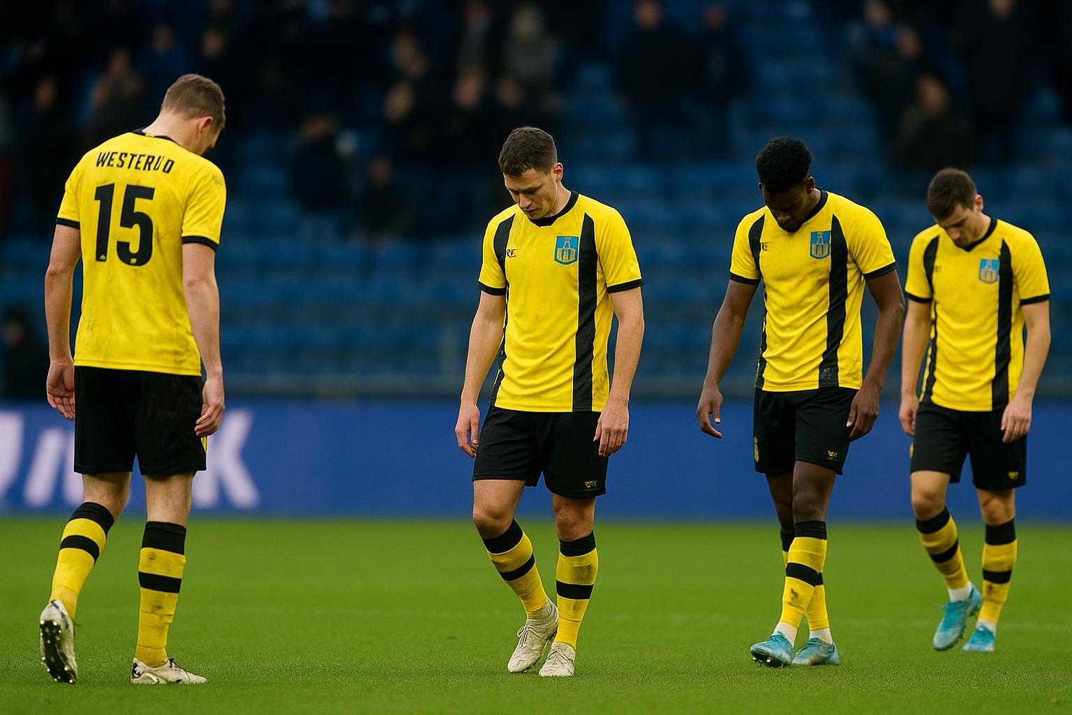 Spelers van KVC Westerlo teleurgesteld na de 0-4 thuisnederlaag tegen STVV