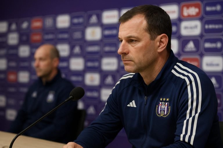 Trainingsbeeld van RSC Anderlecht met staf op de achtergrond, zonder herkenbare gezichten