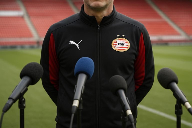 Peter Bosz, trainer van PSV, na de aankondiging van zijn contractverlenging tot 2028.