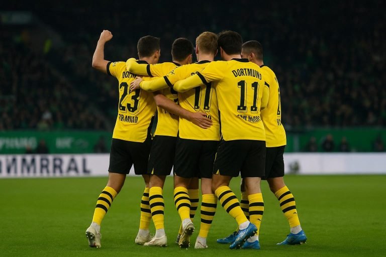 Spelers van Borussia Dortmund vieren na de late winnende treffer in Wolfsburg.