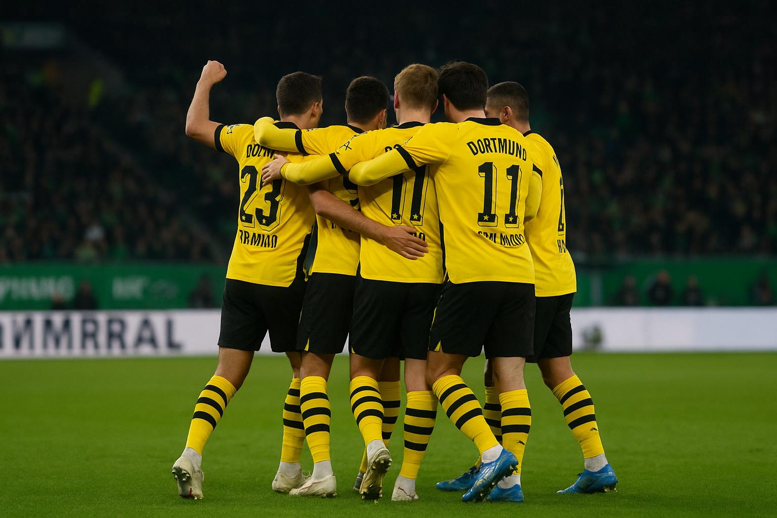 Spelers van Borussia Dortmund vieren na de late winnende treffer in Wolfsburg.