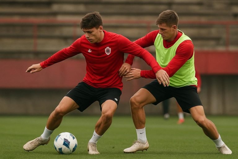 Dennis Praet van Royal Antwerp FC op training in duel om de bal.