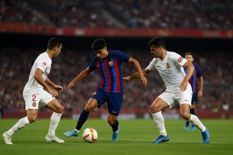 Spelmoment tijdens FC Barcelona tegen Real Mallorca in La Liga, met spelers in duel om de bal.