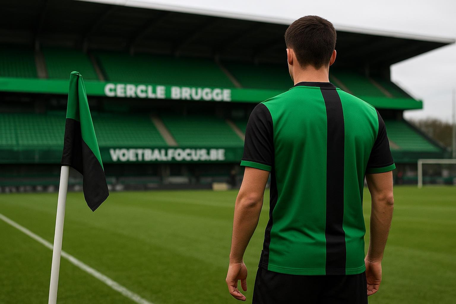 Spelers van Cercle Brugge vieren op het veld in een stadionomgeving