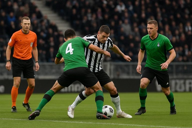 Spelfase tijdens Sporting Charleroi tegen Cercle Brugge met duel om de bal