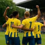 Spelers van Union SG vieren een doelpunt in het Dudenpark tijdens Union SG - Club Brugge