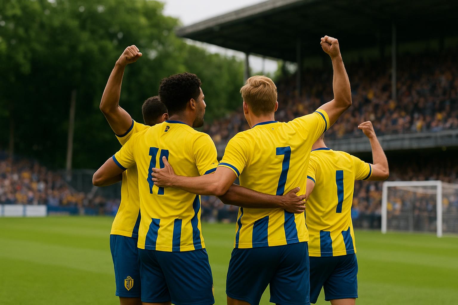 Spelers van Union SG vieren een doelpunt in het Dudenpark tijdens Union SG - Club Brugge