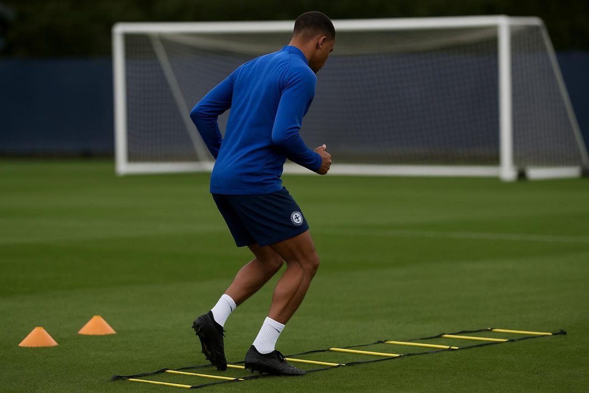 Een Chelsea-speler op het trainingsveld tijdens een revalidatiesessie, met focus op loopwerk en herstel.