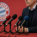 Max Eberl van Bayern München tijdens een persmoment in stadionomgeving