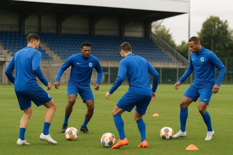 Trainingsmoment bij KRC Genk met ballen en kegels op het veld
