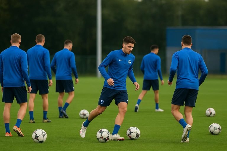 Spelers van KRC Genk op training in aanloop naar een competitiewedstrijd