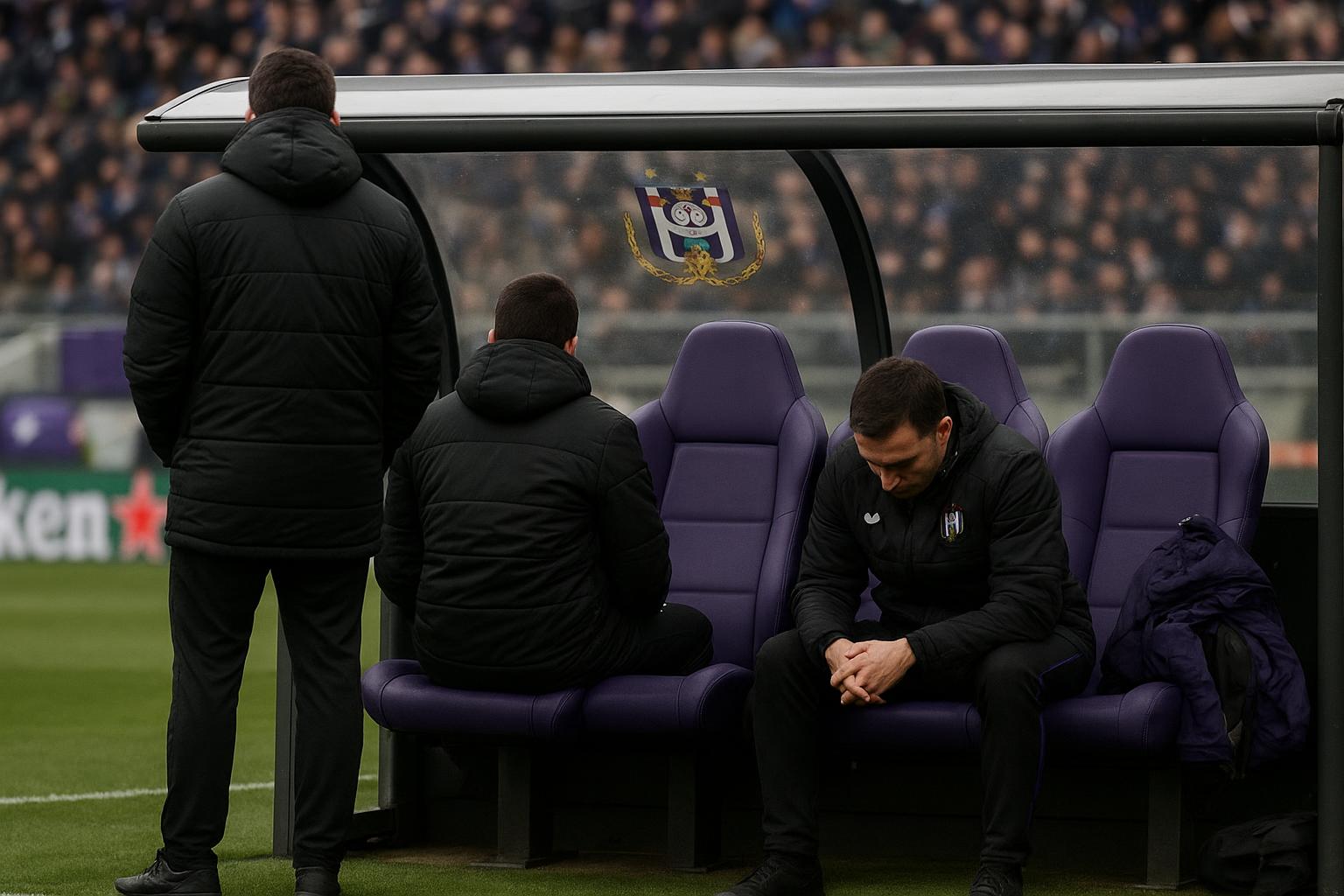 Sfeershot rond RSC Anderlecht tijdens een wedstrijd, met focus op de bank en technische zone