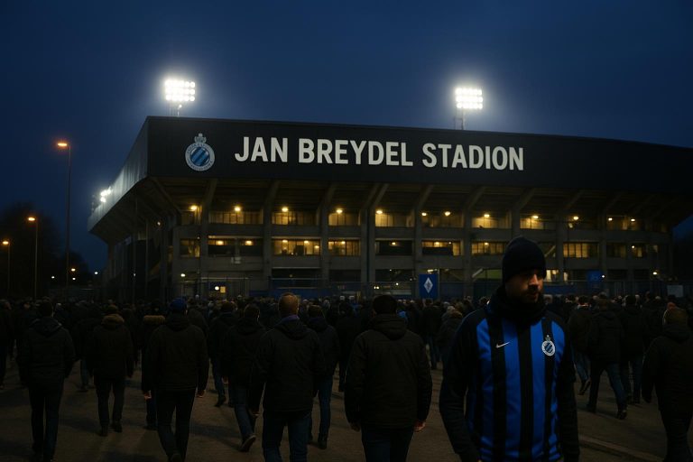 Avondbeeld van het Jan Breydelstadion in aanloop naar Club Brugge tegen Standard