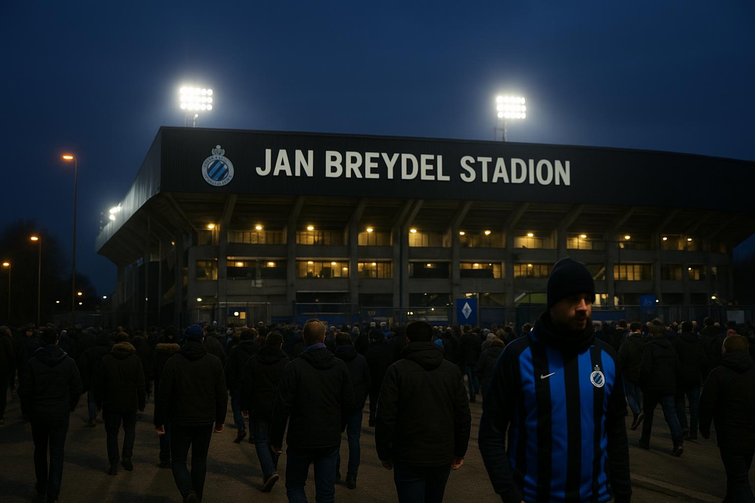 Avondbeeld van het Jan Breydelstadion in aanloop naar Club Brugge tegen Standard