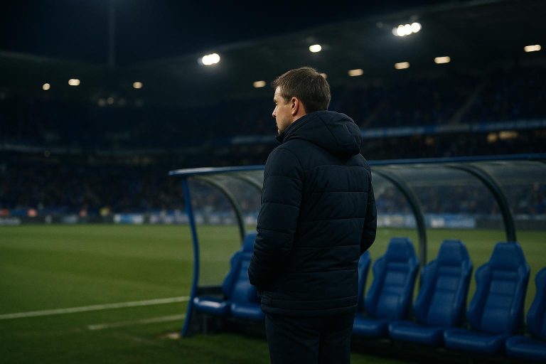 Beeld van de Genkse trainerszone in een vol stadion tijdens Genk tegen Anderlecht