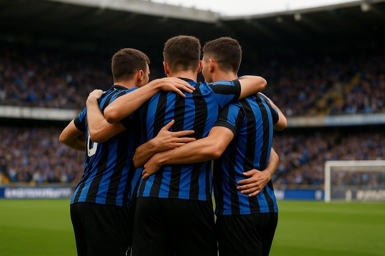Spelers van Club Brugge vieren na een doelpunt tegen Standard in Jan Breydel.