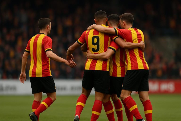 Spelers van KV Mechelen vieren na een doelpunt tegen Royal Antwerp FC