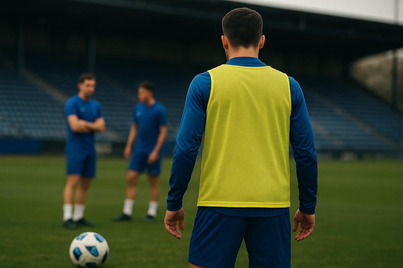Sfeerbeeld van een training bij KRC Genk met een verdediger centraal in beeld, zonder herkenbare gezichten