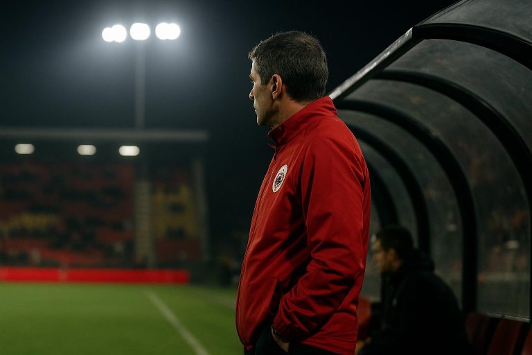 Joseph Oosting langs de zijlijn bij Royal Antwerp FC tijdens een competitiewedstrijd