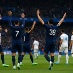 Spelers van PSG vieren een doelpunt tegen Marseille in Le Classique