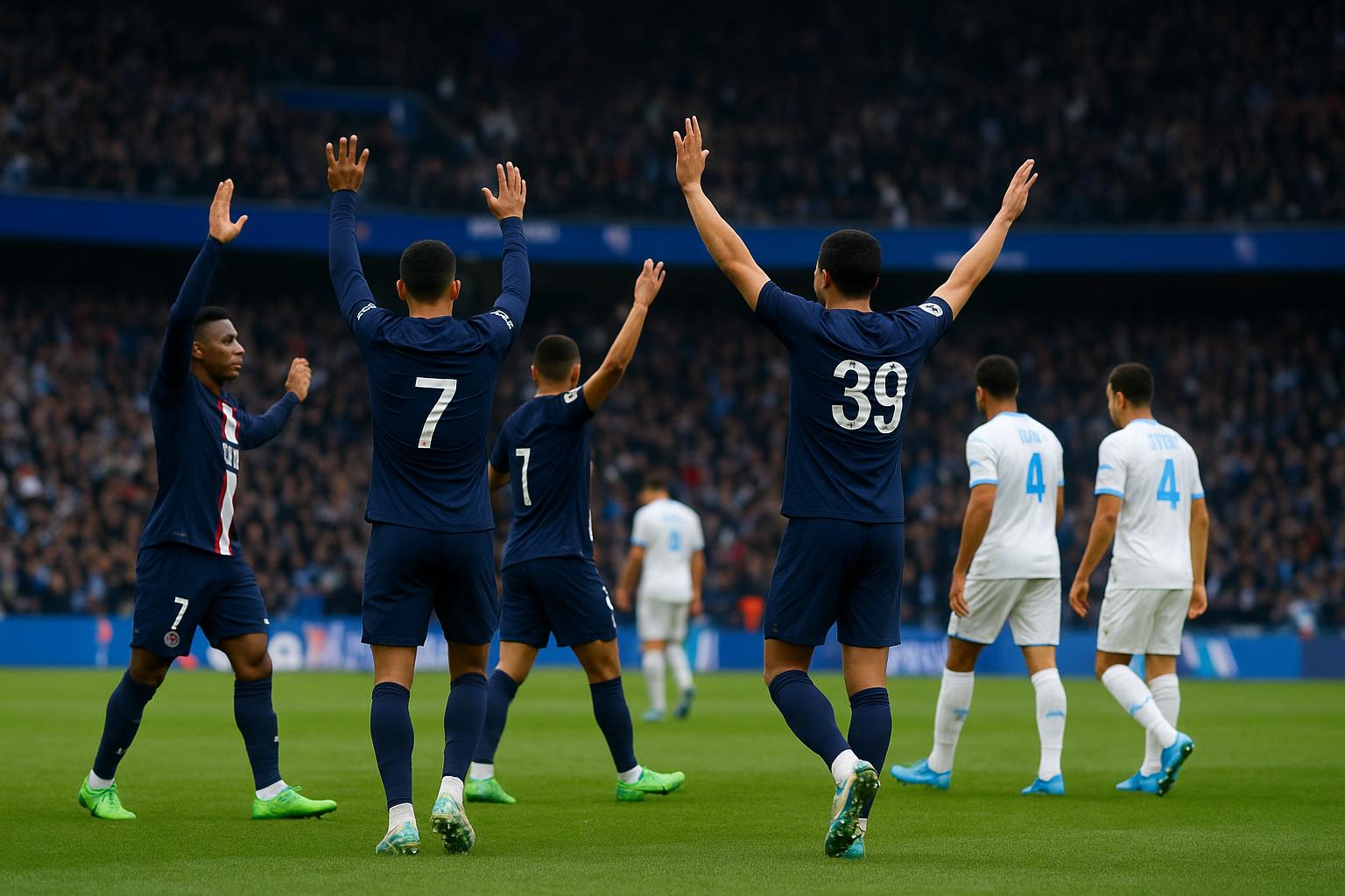Spelers van PSG vieren een doelpunt tegen Marseille in Le Classique