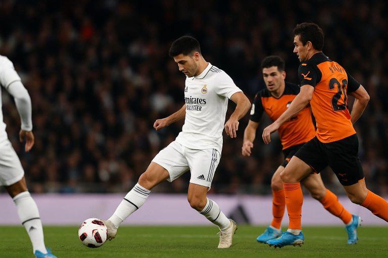 Real Madrid viert een doelpunt op het veld van Valencia in het Mestalla