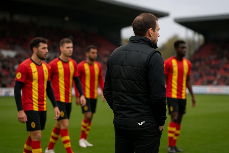 Fred Vanderbiest langs de zijlijn tijdens KV Mechelen tegen Royal Antwerp FC