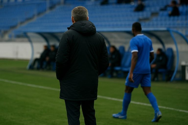 Nicky Hayen langs de zijlijn bij KRC Genk tijdens een wedstrijd in de Jupiler Pro League