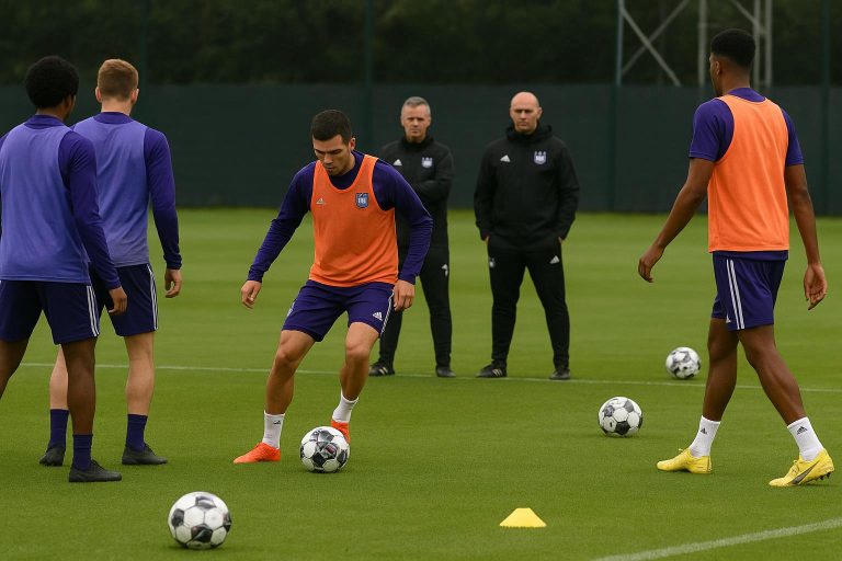 Trainingsmoment bij RSC Anderlecht met spelers en staf op het veld