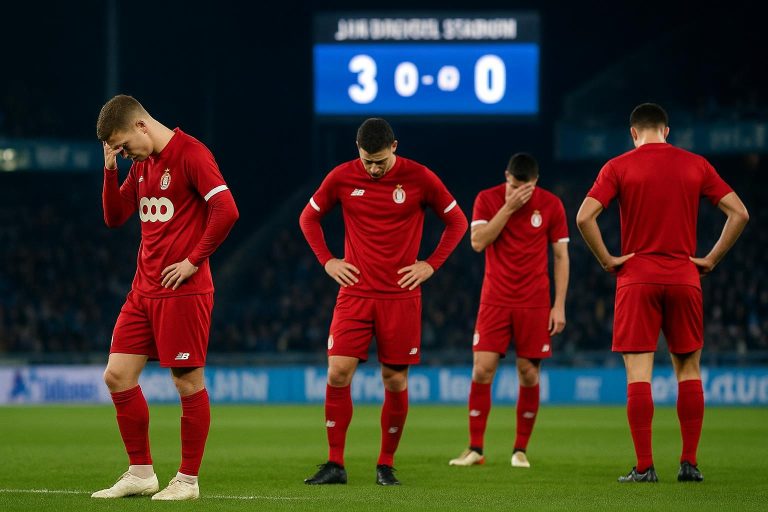 Spelers van Standard Luik op het veld van Jan Breydel na de snelle nederlaag tegen Club Brugge