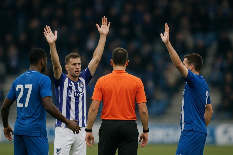 Sfeerbeeld van KRC Genk tegen RSC Anderlecht met scheidsrechter in beeld tijdens een betwist moment