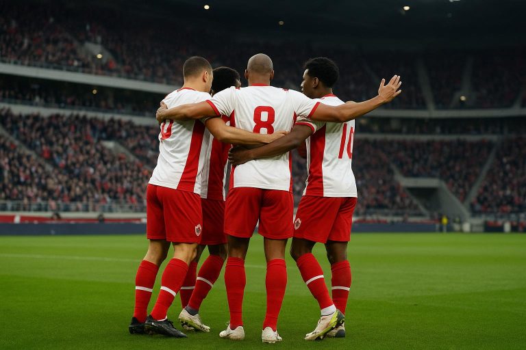 Spelers van Royal Antwerp FC vieren op het veld na de 0-4 zege tegen Cercle Brugge