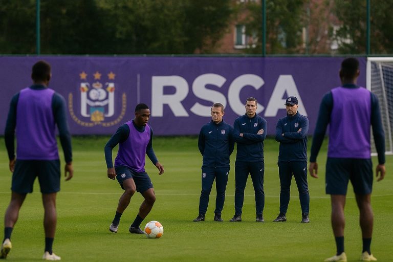 Technische staf van RSC Anderlecht langs de zijlijn op Neerpede