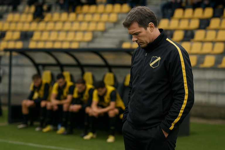 NAC Breda-coach Carl Hoefkens langs de zijlijn tijdens een wedstrijdmoment.